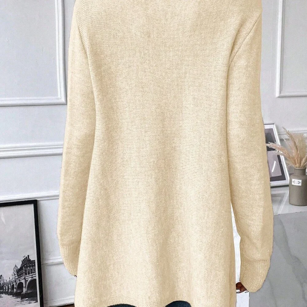 Apricot Casual Women's Fringe Trim Draped Collar Wrap Asymmetrical Sweater Dress